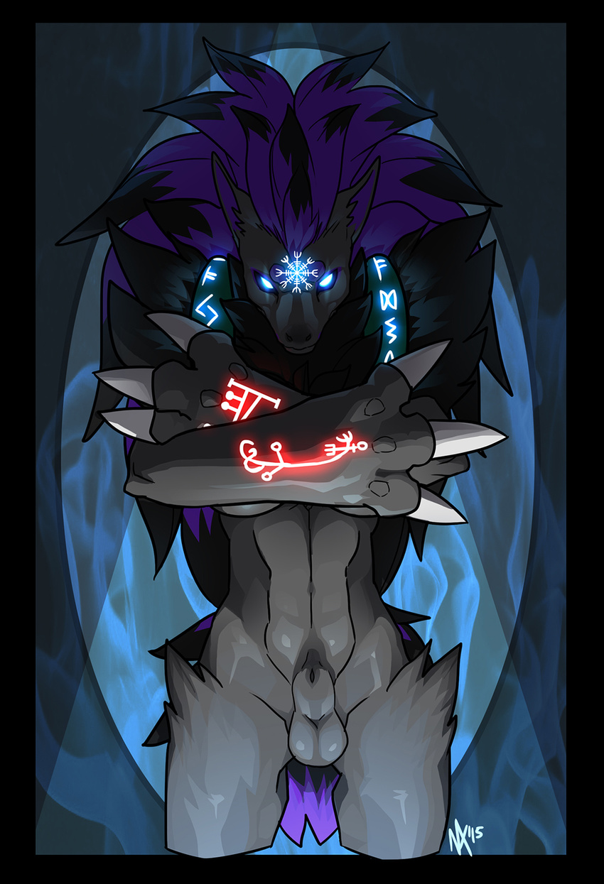 2015 aegishjalmur animal_genitalia anthro asura_arklin balls bioluminescence black_fur black_hair black_scelera blue_eyes breasts canine claws dickgirl espinoth evil_grin fluffy fox fur gamefreak glowing glowing_eyes grey_fur hair hybrid intersex jewelry looking_at_viewer mammal mane markings mood_lighting nexsix nintendo nordic norse norse_mythology nude ominous ottastafur pinup pok&eacute;mon pose purple_hair runes sheath smile video_games zoroark