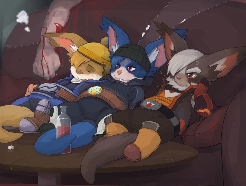 alcohol ambiguous_gender bar bar_fight belt beverage blood blush chua clothing drunk gore hat human jumpsuit knocked_out_tooth mammal seth-iova sleeping teeth thick_tail violence wildstar