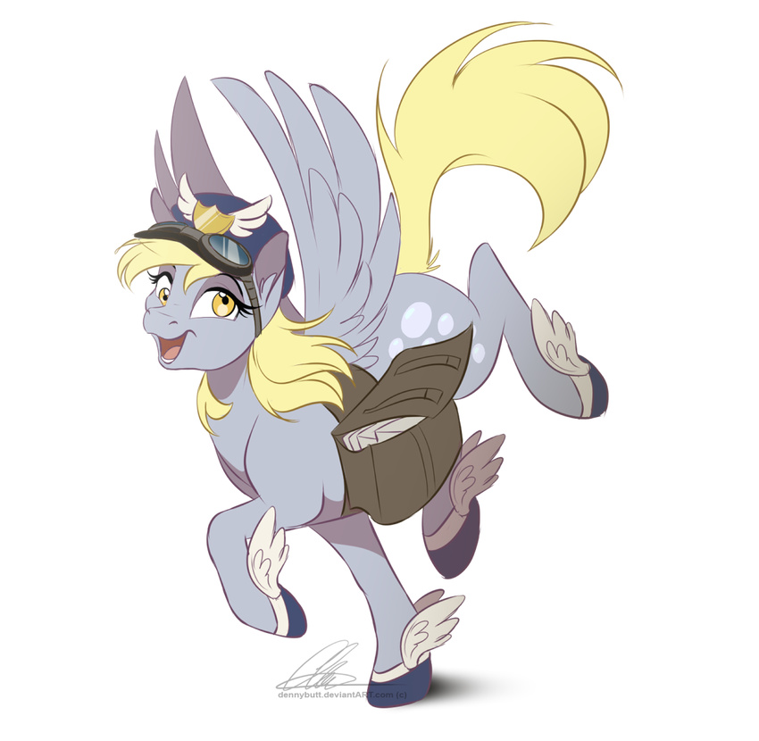 2015 alpha_channel bag blonde_hair clothing cutie_mark dennybutt derpy_hooves_(mlp) equine eyewear female feral footwear friendship_is_magic fur goggles grey_fur hair hat mailbag mammal my_little_pony open_mouth pegasus plain_background shoes solo transparent_background winged_shoes wings yellow_eyes