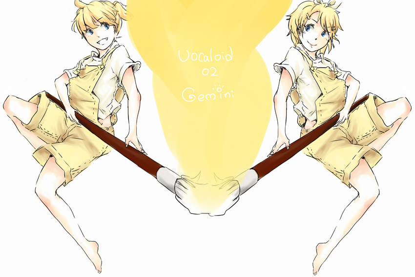 1girl art_brush bad_id bad_pixiv_id blonde_hair brother_and_sister giant_brush highres kagamine_len kagamine_rin liadne overalls paint paintbrush painting siblings smile twins vocaloid