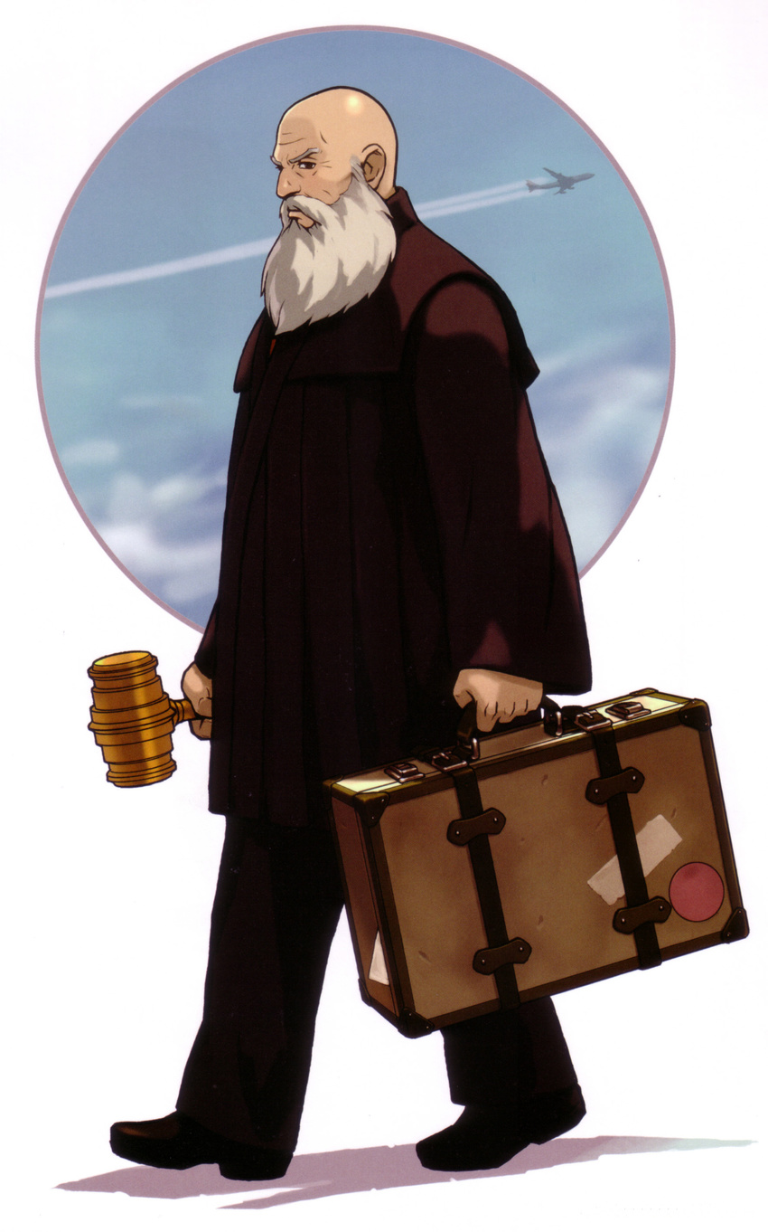 absurdres aircraft airplane bald beard cloud condensation_trail edaki_shin'ya facial_hair gavel gyakuten_saiban hammer highres judge male_focus mustache official_art robe sky solo suitcase the_judge walking white_hair