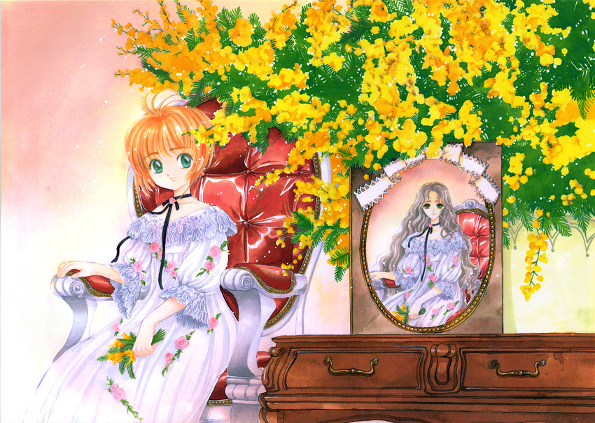 90s armchair bow brown_hair cabinet cardcaptor_sakura chair choker clamp dress flower frame frilled_dress frills highres kinomoto_nadeshiko kinomoto_sakura long_hair mother_and_daughter official_art photo_(object) pose ribbon ribbon_choker rose scan short_hair sitting smile solo wallpaper