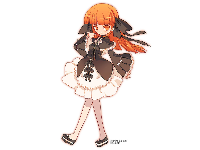 :o artist_name blade_(galaxist) bow choker copyright_name dress finger_to_mouth frills full_body gothic_lolita leggings lolita_fashion long_sleeves looking_at_viewer macademix magician's_academy official_art orange_eyes orange_hair pointing pointing_at_self simple_background skirt solo standing tejas_falcesk white_background white_legwear wide_sleeves