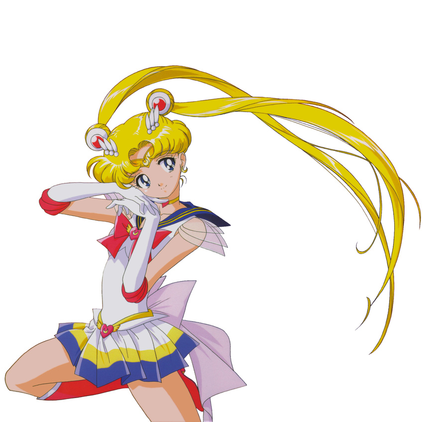 90s absurdres back_bow bishoujo_senshi_sailor_moon blonde_hair blue_eyes blue_sailor_collar bow choker double_bun earrings elbow_gloves gloves heart heart_choker highres itou_ikuko jewelry long_hair multicolored multicolored_clothes multicolored_skirt official_art red_bow sailor_collar sailor_moon sailor_senshi_uniform scan school_uniform skirt smile solo super_sailor_moon tiara tsukino_usagi twintails white_gloves yellow_choker