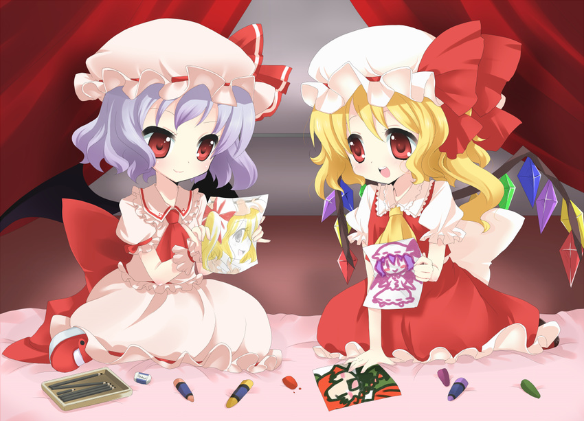 bat_wings bed blonde_hair child_drawing crayon curtains drawing eraser flandre_scarlet hat hong_meiling lavender_hair moorina multiple_girls paper pencil red_eyes remilia_scarlet short_hair siblings sisters tareme touhou tsurime wings wooden_pencil