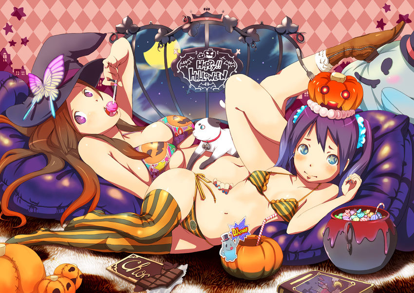 bikini boots breasts brown_hair bug butterfly candy cat flat_chest food food_themed_clothes halloween happy_halloween hat hips insect jack-o'-lantern large_breasts legs lips lollipop long_hair lying multiple_girls on_side original pinky_out print_bikini pumpkin purple_eyes purple_hair side-tie_bikini star striped striped_bikini striped_legwear striped_swimsuit swimsuit thighhighs twintails utu vertical-striped_legwear vertical_stripes witch_hat