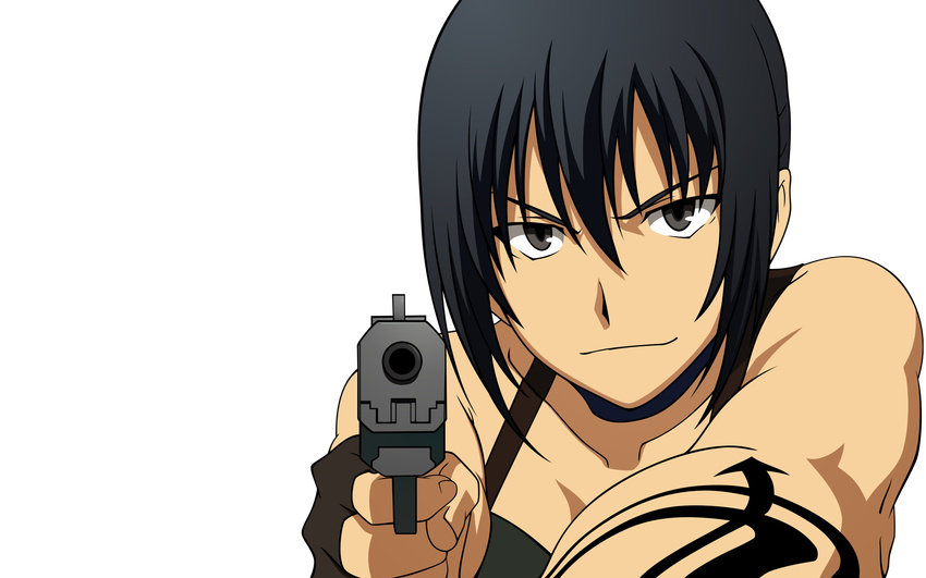 428 aiming_at_viewer alphard bare_shoulders black_hair canaan fingerless_gloves gloves gun handgun highres holding holding_gun holding_weapon pistol smirk solo tattoo transparent_background vector_trace weapon