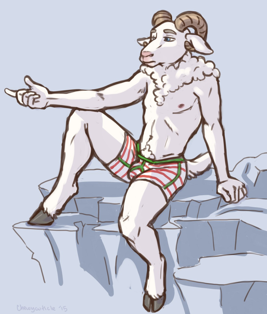 blue_eyes boxer_briefs caprine chewycuticle clothing fluffy fur horn male mammal pose rock sheep solo toned underwear white_fur