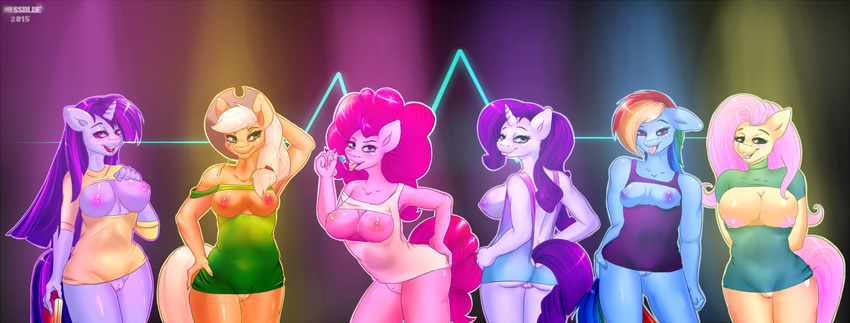 2015 absurd_res anthro anthrofied applejack_(mlp) arms_behind_back big_breasts blonde_hair blue_eyes book bottomless breasts candy clothed clothing cowboy_hat earth_pony equine eyeshadow female fluttershy_(mlp) freckles friendship_is_magic green_eyes group hair half-dressed hand_behind_head hat hi_res holding horn horse lollipop long_hair looking_at_viewer makeup mammal missblue multicolored_hair my_little_pony nipples pink_hair pinkie_pie_(mlp) pony purple_hair pussy rainbow_dash_(mlp) rainbow_hair rarity_(mlp) saliva tongue tongue_out twilight_sparkle_(mlp) unicorn