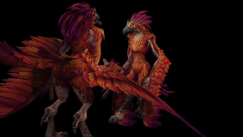 ambiguous_gender arakkoa avian beak black_background butt cgi colorful digitigrade feathers nude plain_background purple_feathers red_feathers solo talons video_games warcraft wings world_of_warcraft yellow_eyes