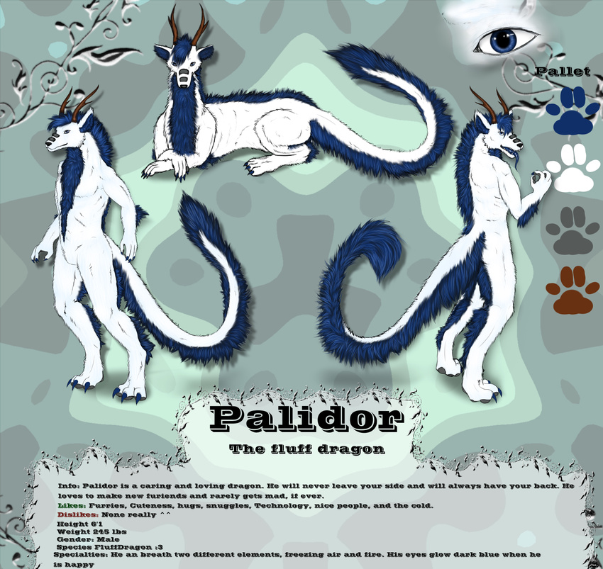 antlers blue_fur claws dragon fluff_dragon fluffy fluffy_tail fur furred_dragon horn hybrid male model_sheet muzzle_tabs neon_furries palidor pallet tongue white_fur