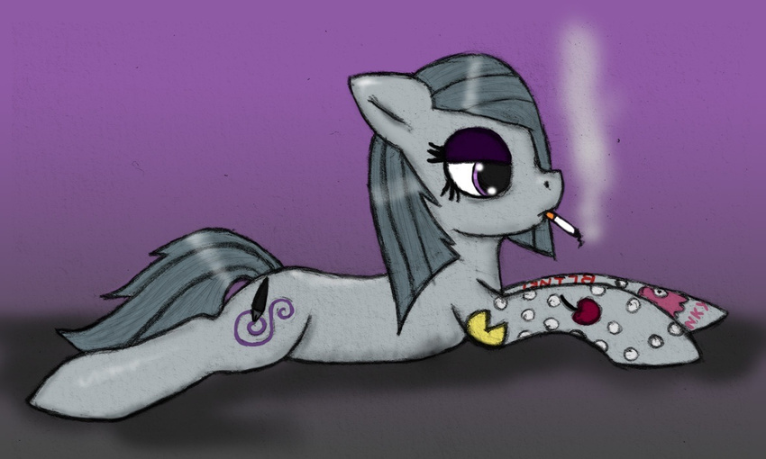 blinky cigarette cutie_mark equine female friendship_is_magic fur grey_fur grey_hair group hair horse inkie_pie_(mlp) mammal my_little_pony pac-man pac-man_(series) pinky plain_background purple_eyes smoke smoking solo tagme tattoo