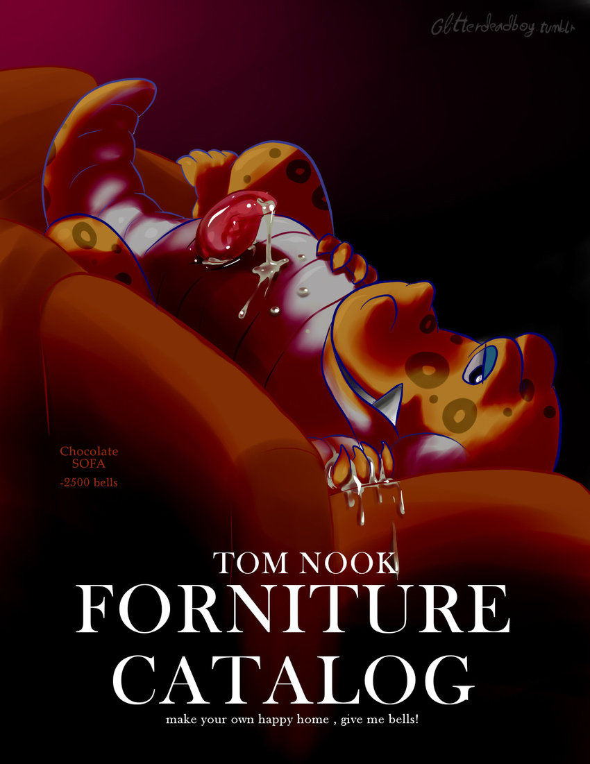 advertisement alfonso_(animal_crossing) animal_crossing animal_genitalia anthro cum cum_on_hand cum_on_self cum_on_stomach cum_string digital_media_(artwork) english_text erection genital_slit glitter_trap_boy high-angle_shot looking_at_viewer lying male nintendo on_back penis signature slit sofa solo tapering_penis text tusks video_games