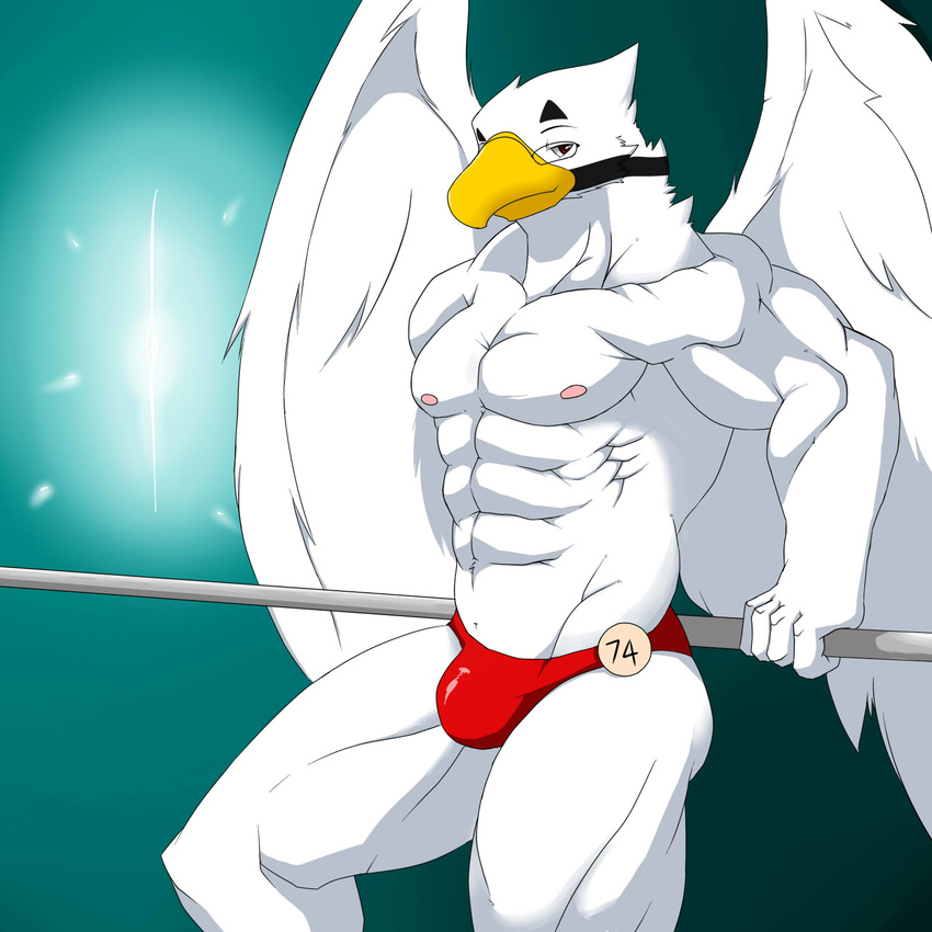 abs avian biceps clothing looking_at_viewer male metaball muscles nipples pecs smile solo wings