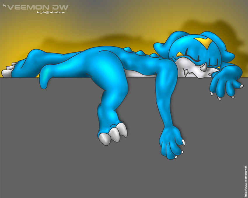 ambiguous_gender anthro blue_body claws digimon eyes_closed fangs lying on_front sleeping solo veemon veemon_dw white_body