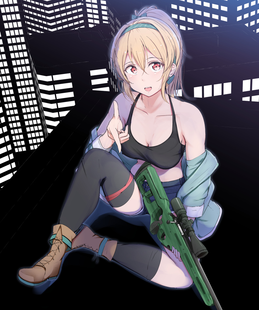 absurdres ankoiri bare_shoulders blonde_hair boots bow breasts building cleavage finger_gun full_body girls_frontline gun hair_bow hairband highres holding holding_gun holding_weapon long_hair looking_at_viewer medium_breasts off_shoulder open_mouth orange_eyes ponytail rifle sitting sniper_rifle solo sv-98 sv-98_(girls_frontline) tank_top thighhighs weapon