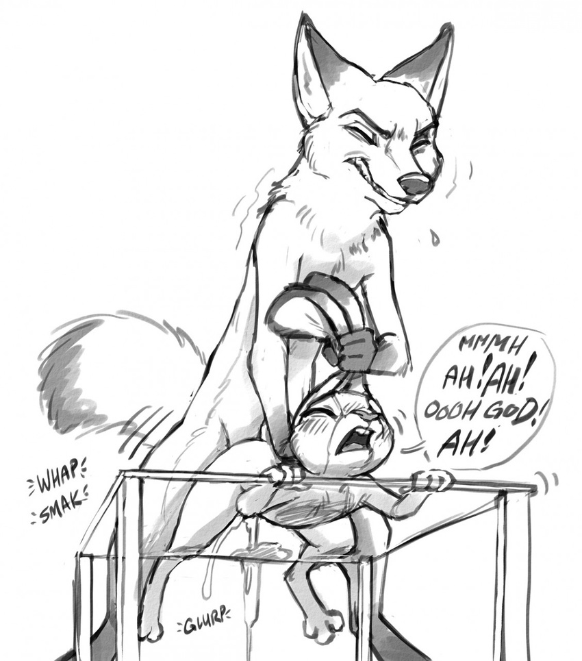2015 adam_wan anthro black_and_white canine character_from_animated_feature_film cum digitigrade duo english_text female feral feral_on_feral fox glass interspecies judy_hopps lagomorph male male/female mammal monochrome nick_wilde penetration plain_background predator/prey_relations rabbit smaller_female table text white_background zootopia