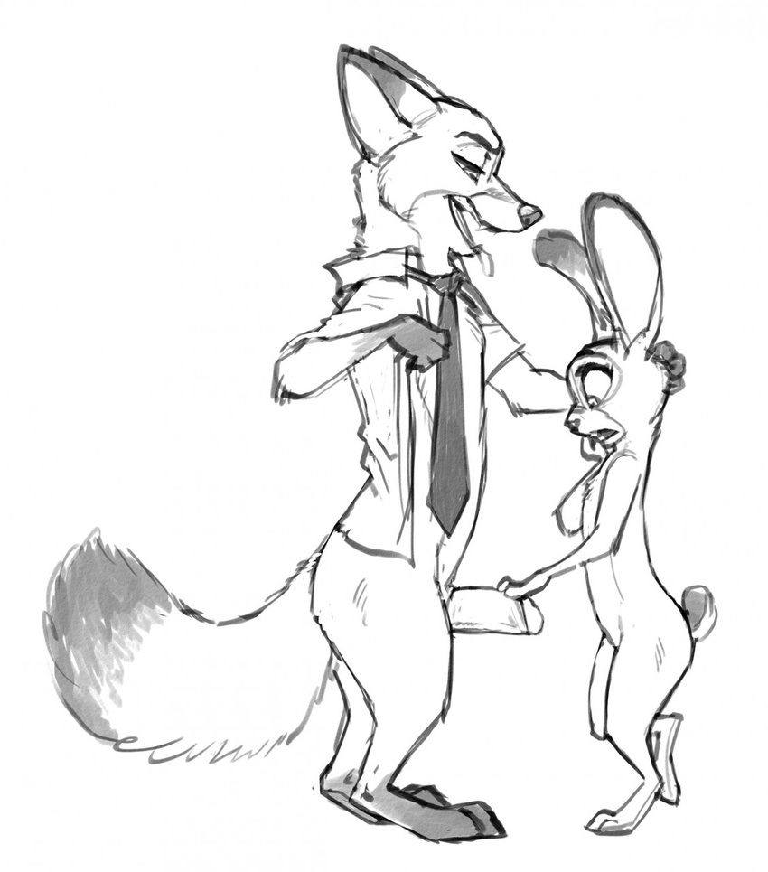 2015 adam_wan anthro black_and_white canine character_from_animated_feature_film clothing digitigrade duo female feral feral_on_feral fox imminent_sex interspecies judy_hopps lagomorph male male/female mammal monochrome necktie nick_wilde penis plain_background predator/prey_relations rabbit shirt smaller_female white_background zootopia