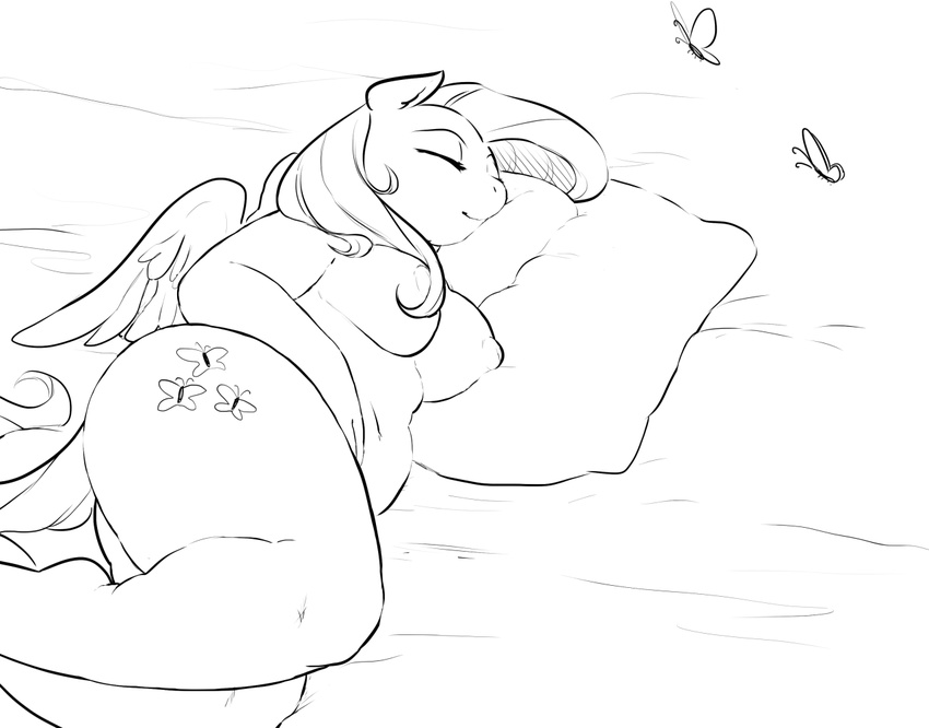 2015 anthro anthrofied arthropod black_and_white breasts butterfly chubby cutie_mark equine eyes_closed female fluttershy_(mlp) friendship_is_magic glo-in-the-dark hair insect long_hair lying mammal monochrome my_little_pony on_side pegasus sleeping solo thick_thighs wings