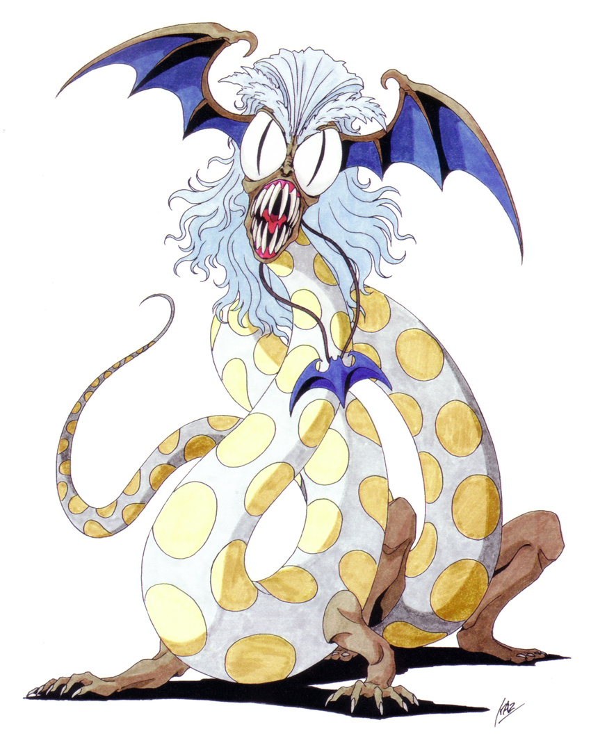 artist_name beetlejuice betelgeuse_(beetlejuice) betelgeuse_(megami_tensei) big_eyes demon dots eyebrows fingernails full_body grey_hair head_wings highres jewelry kazuma_kaneko male_focus necklace official_art oldschool open_mouth sharp_fingernails sharp_teeth shin_megami_tensei slit_pupils solo teeth