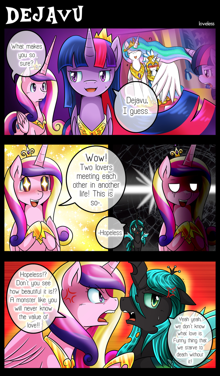 2015 changeling comic cutie_mark dialogue english_text equine eyes_closed female feral friendship_is_magic fur hair horn hug mammal multicolored_hair my_little_pony open_mouth pink_fur princess_cadance_(mlp) princess_celestia_(mlp) purple_eyes purple_fur purple_hair queen_chrysalis_(mlp) royalty sweat teeth text tongue twilight_sparkle_(mlp) unicorn vavacung white_fur winged_unicorn wings