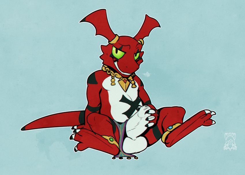 ankled balls clothing digimon digital_media_(artwork) ear_piercing erection grin guilmon holding_penis jewelry korichi loincloth loincloth_aside looking_at_viewer male necklace penis piercing scalie signature sitting solo spread_legs spreading thick_penis uncut