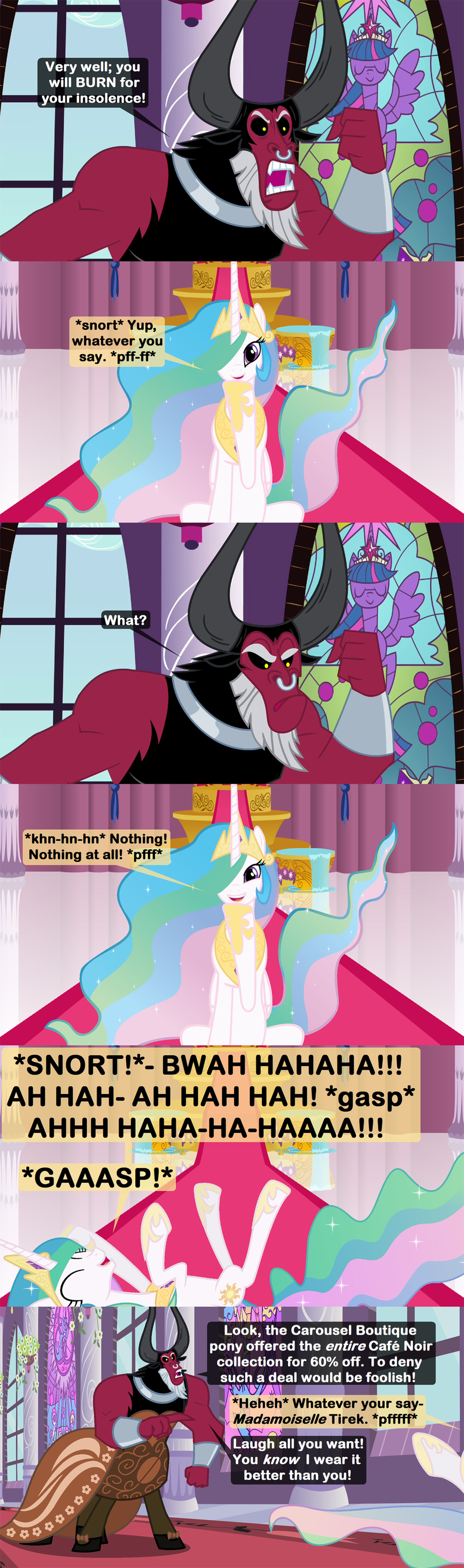 2015 beavernator centaur clothing comic dialogue dress english_text equine female feral friendship_is_magic horn human laugh male mammal my_little_pony princess_celestia_(mlp) taur text tirek_(mlp) winged_unicorn wings