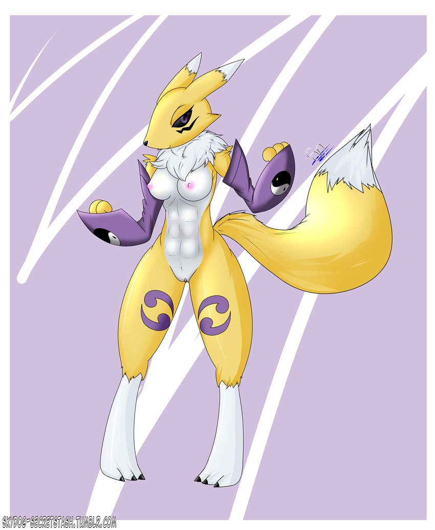 anthro black_sclera breasts canine chest_tuft claws clothing digimon facial_markings female fox fur gloves mammal markings nipples nude pussy renamon skydog solo tuft