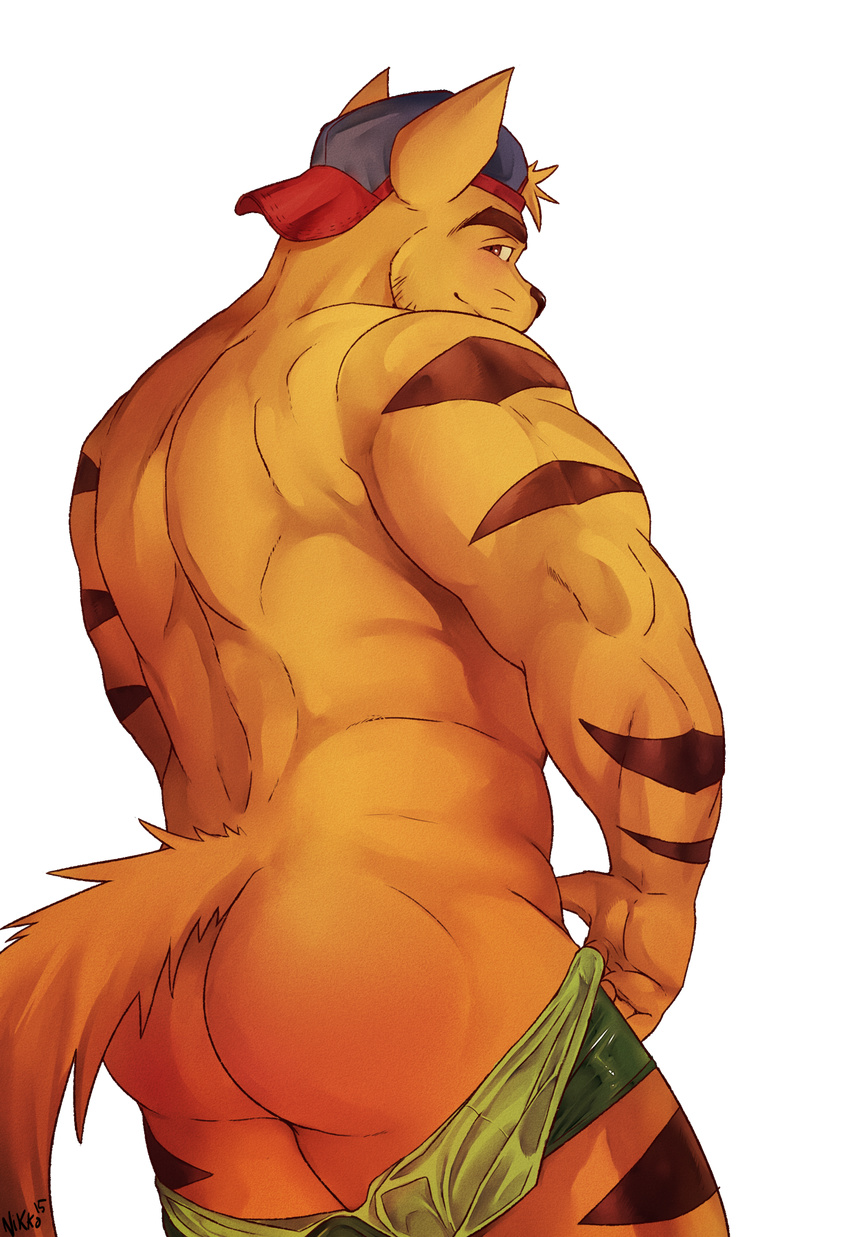 2015 anthro back baseball_cap butt captain_nikko clothed clothing feline half-dressed hat looking_at_viewer looking_back male mammal solo stripes swat_kats topless underwear undressing