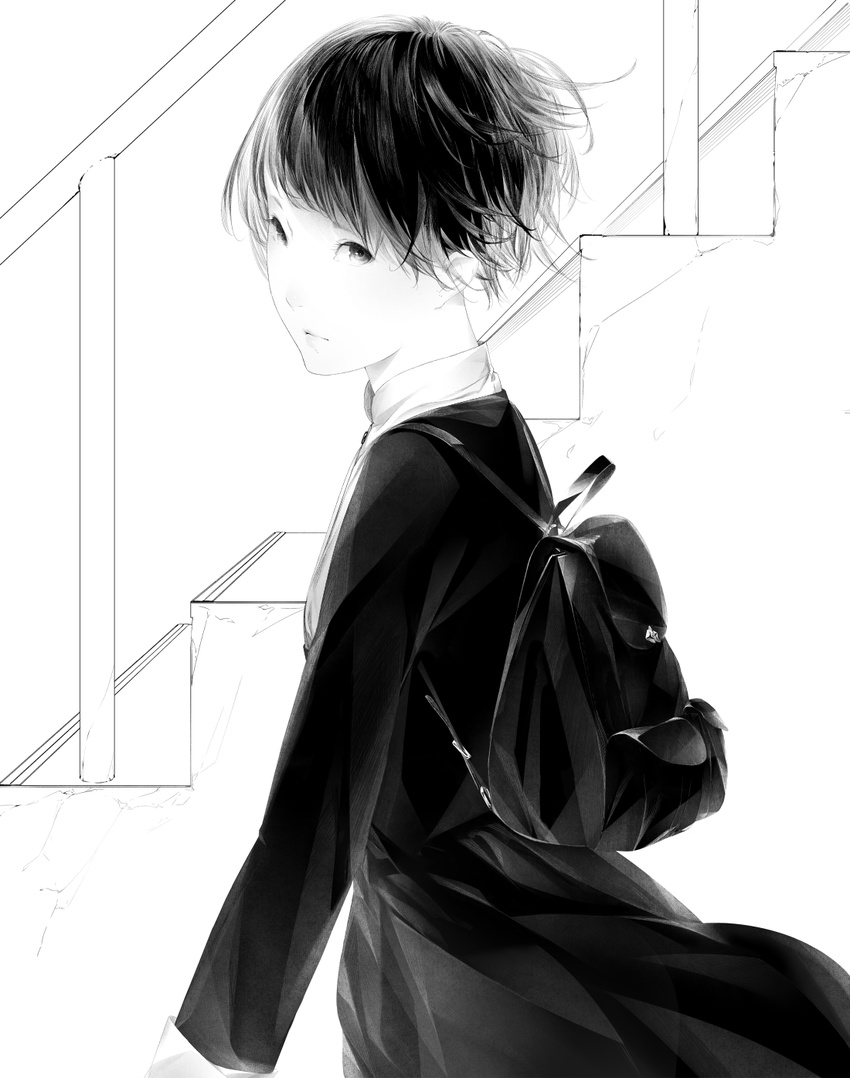 backpack bag black_dress dress greyscale highres long_sleeves monochrome original solo sousou_(sousouworks) stairs