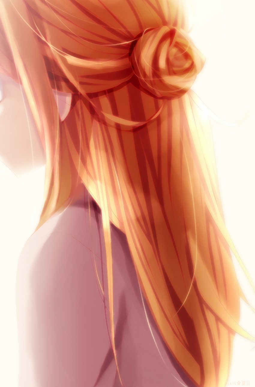 bad_id bad_pixiv_id close-up from_behind hair_bun half_updo highres honey_and_clover long_hair miruhi_(pixiv12262111) orange_hair red_hair simple_background solo upper_body white_background yamada_ayumi
