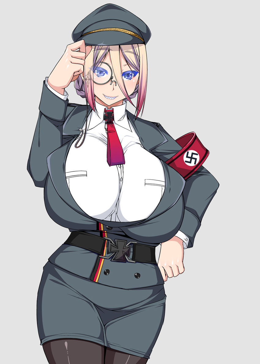 bad_id bad_pixiv_id blonde_hair blue_eyes breasts gigantic_breasts grey_background grin hat highres iron_cross kirise_mitsuru looking_at_viewer monocle nazi original pantyhose sharp_teeth short_hair smile solo swastika teeth