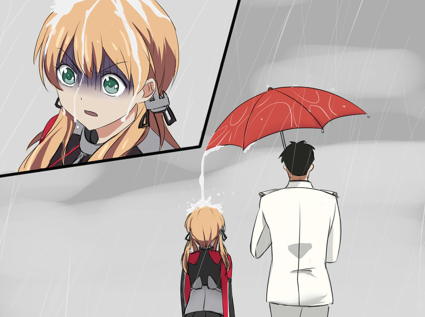 1girl :o admiral_(kantai_collection) anchor_hair_ornament blonde_hair brown_hair duplicate from_behind gekkan_shoujo_nozaki-kun gloom_(expression) green_eyes hair_ornament highres holding holding_umbrella kantai_collection md5_mismatch military military_uniform naval_uniform nozaki_umetarou open_mouth ozawa_ari parody pouring prinz_eugen_(kantai_collection) rain sakura_chiyo seiyuu_connection shaded_face shared_umbrella sion_(nakajima_shion) twintails umbrella uniform v-shaped_eyebrows wet you're_doing_it_wrong