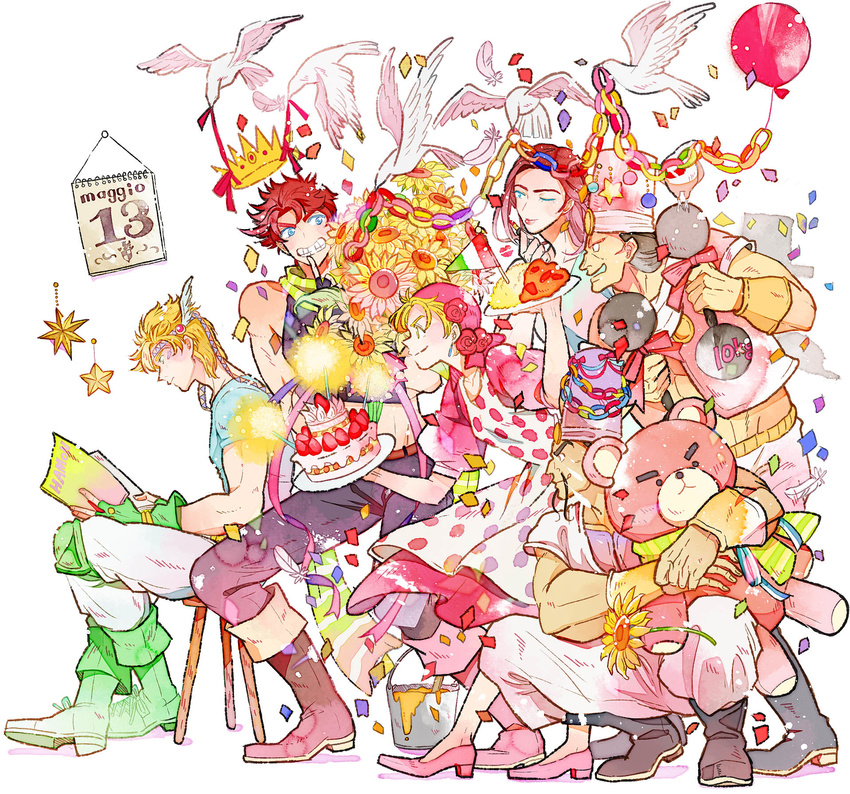 4boys balloon barbell battle_tendency bird birthday_cake book bouquet caesar_anthonio_zeppeli cake confetti dove flower food highres jojo_no_kimyou_na_bouken joseph_joestar_(young) lisa_lisa loggins_(jojo) messina_(jojo) momijimanjuu multiple_boys multiple_girls reading stuffed_animal stuffed_toy sunflower suzi_q teddy_bear