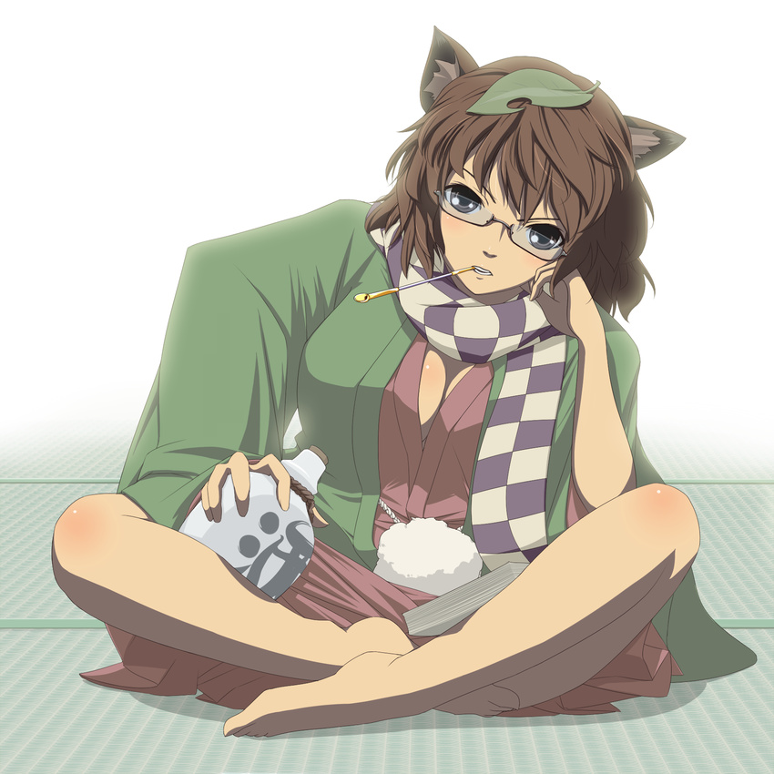 animal_ears barefoot breasts brown_eyes brown_hair cleavage futatsuiwa_mamizou glasses gourd haori highres indian_style japanese_clothes kiseru kugi_(kugi-xiv) large_breasts leaf leaf_on_head mouth_hold pipe raccoon_ears scarf sitting solo touhou