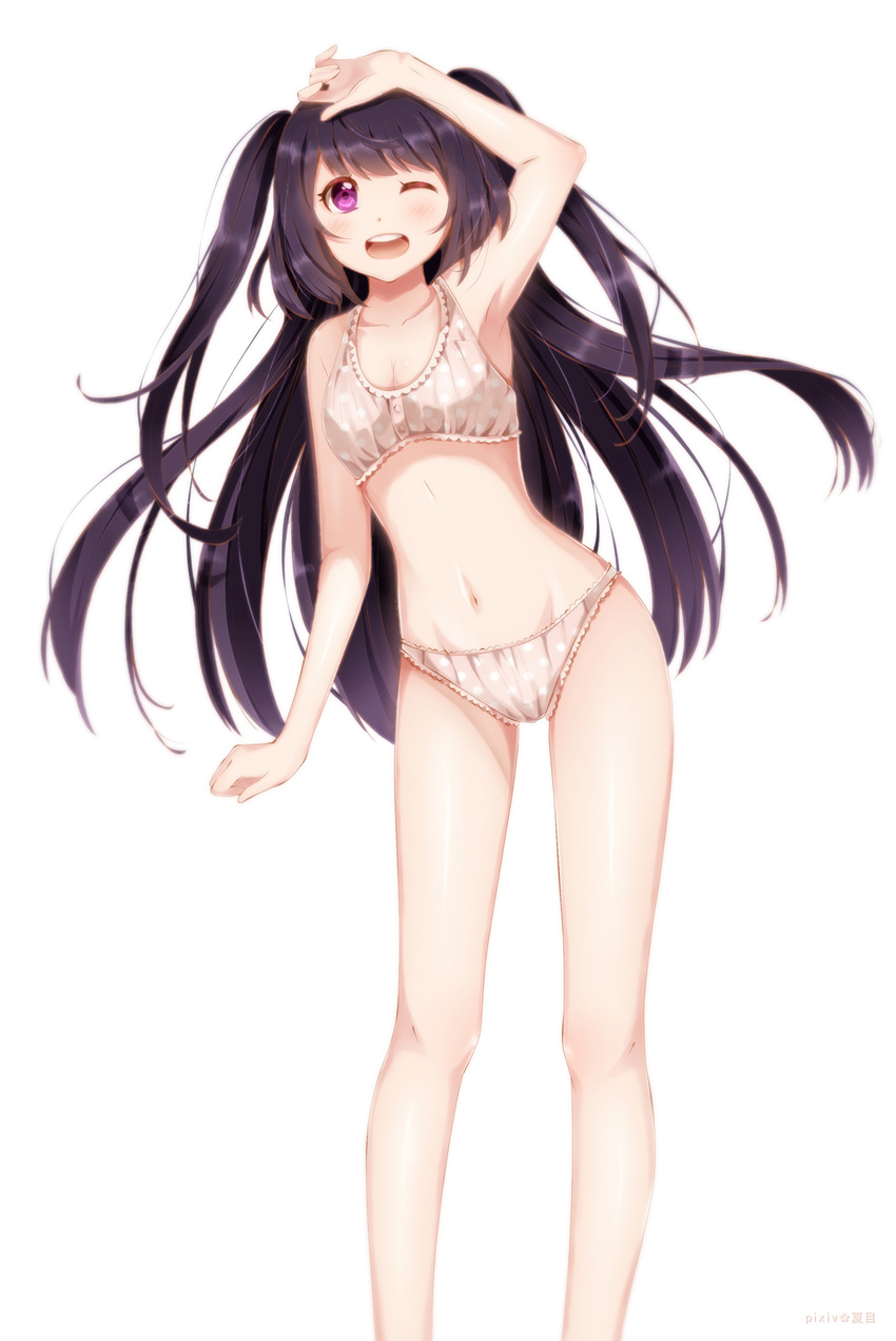 :d absurdres bad_id bad_pixiv_id black_hair blush bra frilled_bra frilled_panties frills highres long_hair long_legs miruhi_(pixiv12262111) navel one_eye_closed open_mouth panties polka_dot polka_dot_bra polka_dot_panties purple_eyes purple_hair simple_background smile solo two_side_up underwear underwear_only very_long_hair white_background