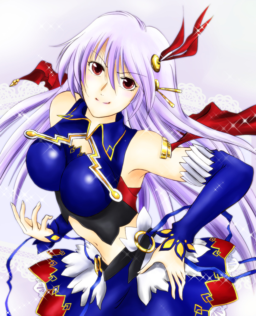 bare_shoulders belt blush breasts detached_sleeves eleonora_viltaria gradient gradient_background hair_ornament long_hair madan_no_ou_to_vanadis midriff navel purple_background purple_hair red_eyes skirt smile solo