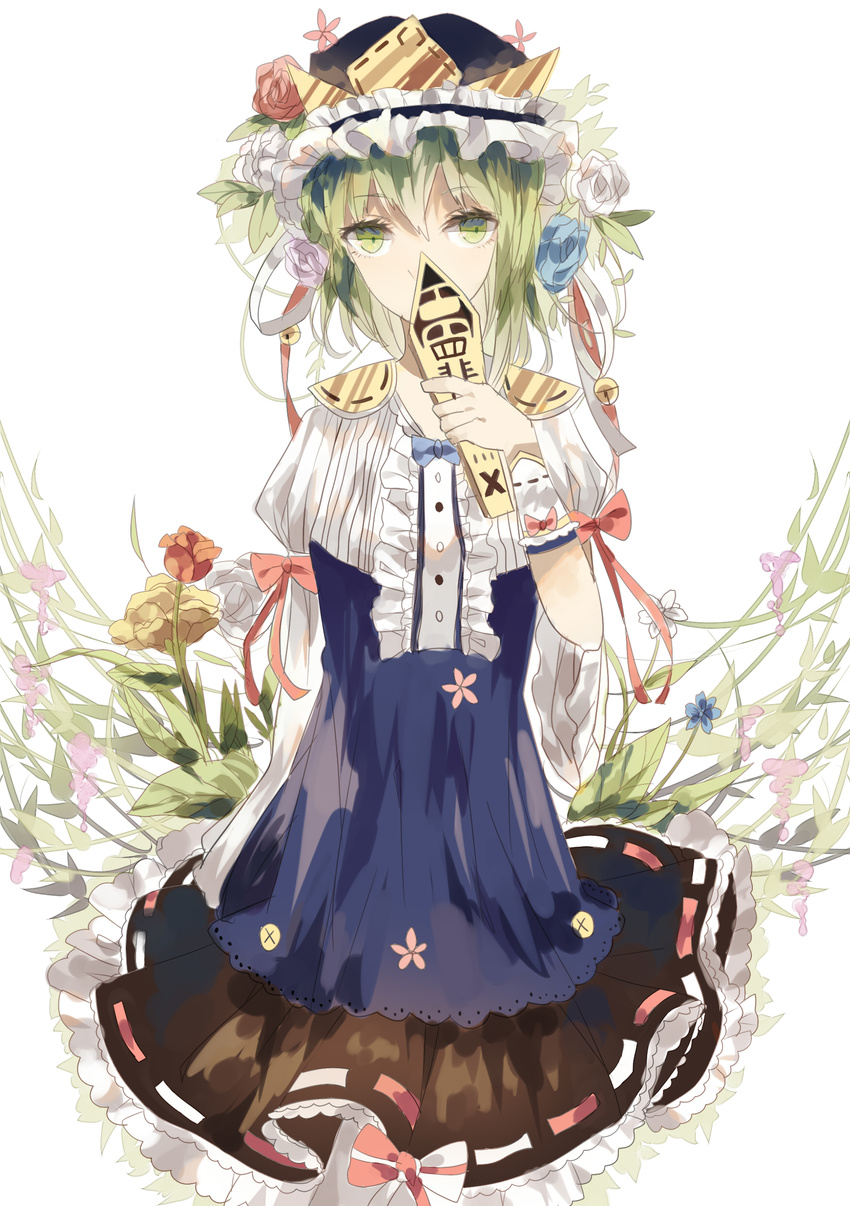 absurdres adapted_costume alternate_costume bell chocolate_(jitong) covering_mouth dress flower frills green_eyes green_hair hair_flower hair_ornament hat hat_flower hat_ribbon highres long_sleeves looking_at_viewer puffy_sleeves ribbon rod_of_remorse rose shiki_eiki short_hair simple_background solo touhou white_background wide_sleeves