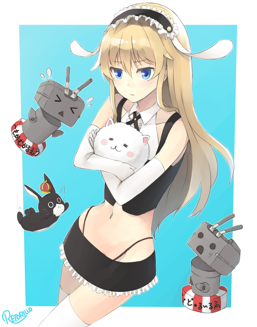 &gt;_&lt; adapted_costume angora_rabbit animal anko_(gochiusa) bad_id bad_pixiv_id blonde_hair blue_eyes bunny closed_eyes commentary cosplay crossover elbow_gloves fleur_de_lapin_uniform flying_sweatdrops gloves gochuumon_wa_usagi_desu_ka? highres kantai_collection lifebuoy looking_at_viewer maid_headdress miniskirt rensouhou-chan retorillo sakura_ayane seiyuu_connection shimakaze_(kantai_collection) skirt staring tippy_(gochiusa) triangle_mouth white_gloves