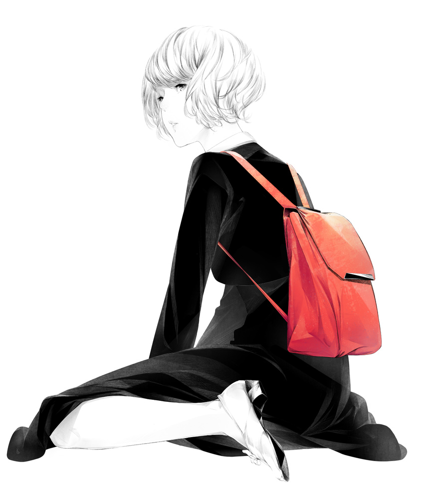 backpack bag black_dress dress full_body highres long_sleeves monochrome original short_hair silver_hair sitting solo sousou_(sousouworks) spot_color wariza