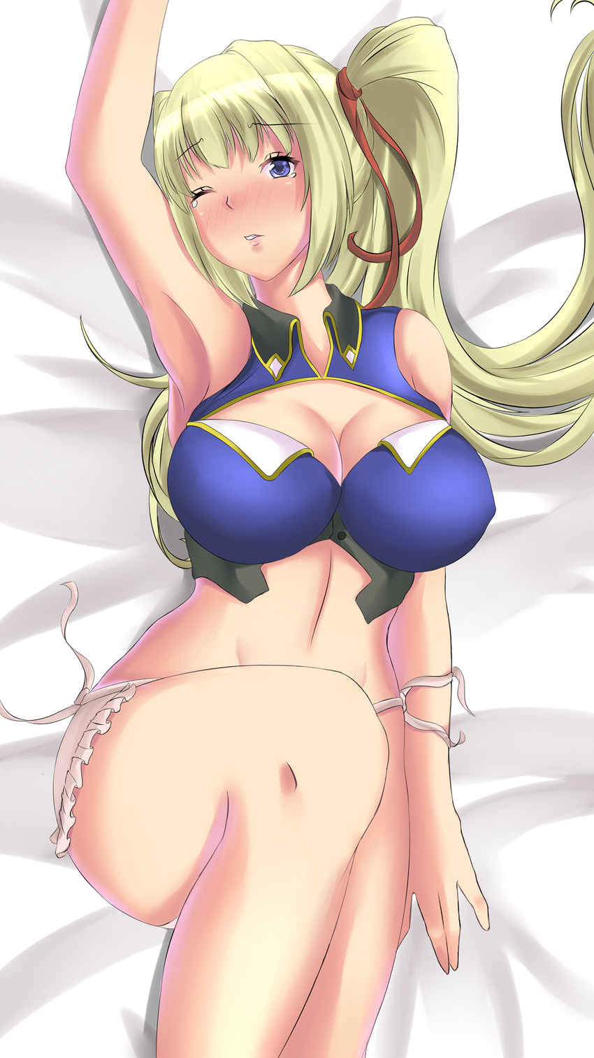 armpits bare_shoulders blonde_hair blush breasts cleavage cleavage_cutout frills gradient gradient_background limalisha long_hair lying madan_no_ou_to_vanadis midriff one_eye_closed open_mouth panties side_ponytail tears underwear