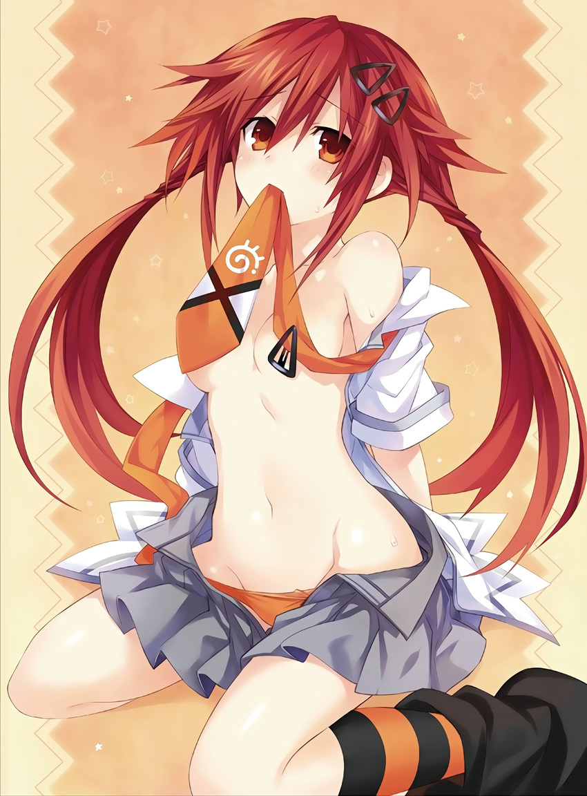 absurdres arms_behind_back blush breasts groin hair_ornament hairclip highres kneehighs long_hair mouth_hold navel necktie neptune_(series) non-web_source off_shoulder official_art open_clothes open_shirt orange_background orange_eyes orange_panties panties pleated_skirt red_hair shin_jigen_game_neptune_vii shirt sitting skirt small_breasts solo star striped striped_legwear sweat tennouboshi_uzume tsunako twintails underwear very_long_hair wariza