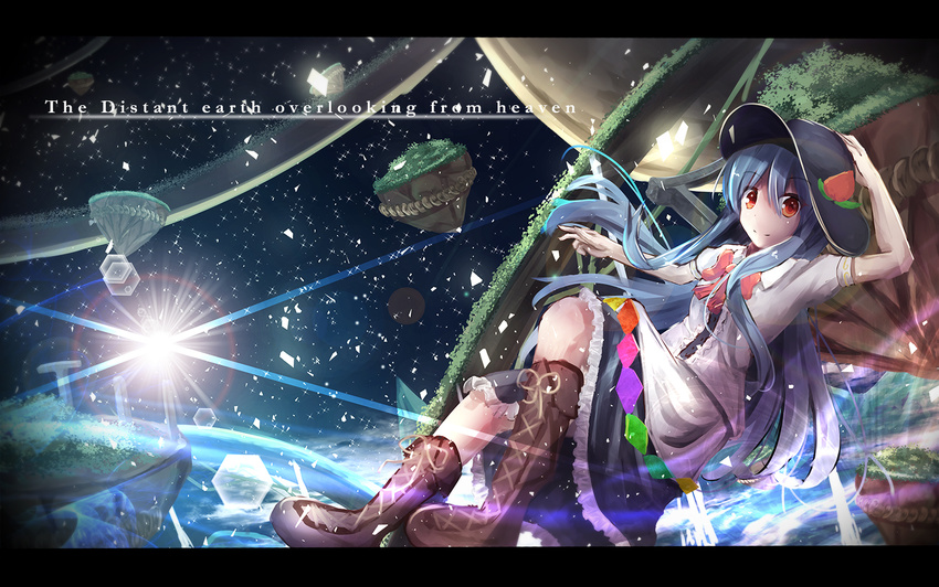 arch backlighting bad_id bad_pixiv_id bangs blue_hair blue_skirt boots bow cloud earth english engrish floating food fruit grass hand_on_headwear hand_up hat hat_tug hinanawi_tenshi kagayannu keystone knee_boots lens_flare letterboxed light_particles light_rays light_trail long_hair looking_at_viewer moon peach pillar ranguage red_eyes rope shimenawa short_sleeves skirt smile solo space sun sunlight touhou