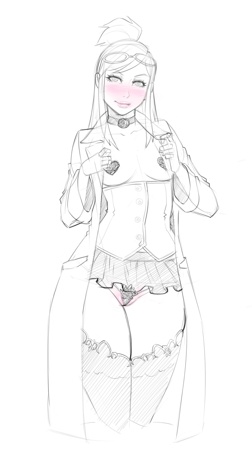 1girl blush choker corset cropped_legs full-face_blush g-string gyakuten_saiban gyakuten_saiban_4 half_updo heart_pasties highres houzuki_akane labcoat lips lm_(legoman) long_hair microskirt monochrome open_labcoat panties pasties sketch skirt solo spot_color thick_thighs thighhighs thighs thong underwear undressing