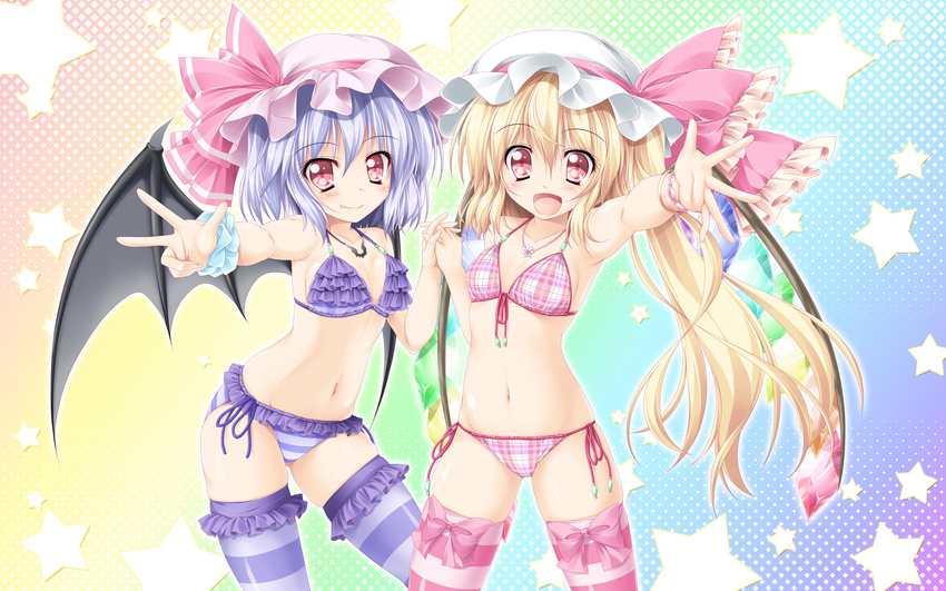 absurdres alternate_costume bat_wings bikini blonde_hair blush bow bracelet breasts cleavage fang fang_out flandre_scarlet frilled_bikini frilled_legwear frills front-tie_top hat highres holding_hands huge_filesize interlocked_fingers jewelry kamiya_tomoe long_hair looking_at_viewer multiple_girls navel necklace open_mouth outstretched_hand pink_bikini pink_legwear plaid plaid_bikini purple_bikini purple_legwear red_eyes remilia_scarlet siblings side-tie_bikini side_ponytail silver_hair sisters small_breasts smile star striped striped_bikini striped_legwear swimsuit thighhighs touhou v wings