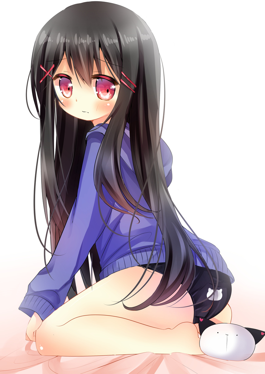 ass bad_id bad_pixiv_id barefoot black_hair black_panties blush highres long_hair looking_at_viewer mashiro_shimaro no_pants original panties print_panties red_eyes sitting solo sweater underwear very_long_hair