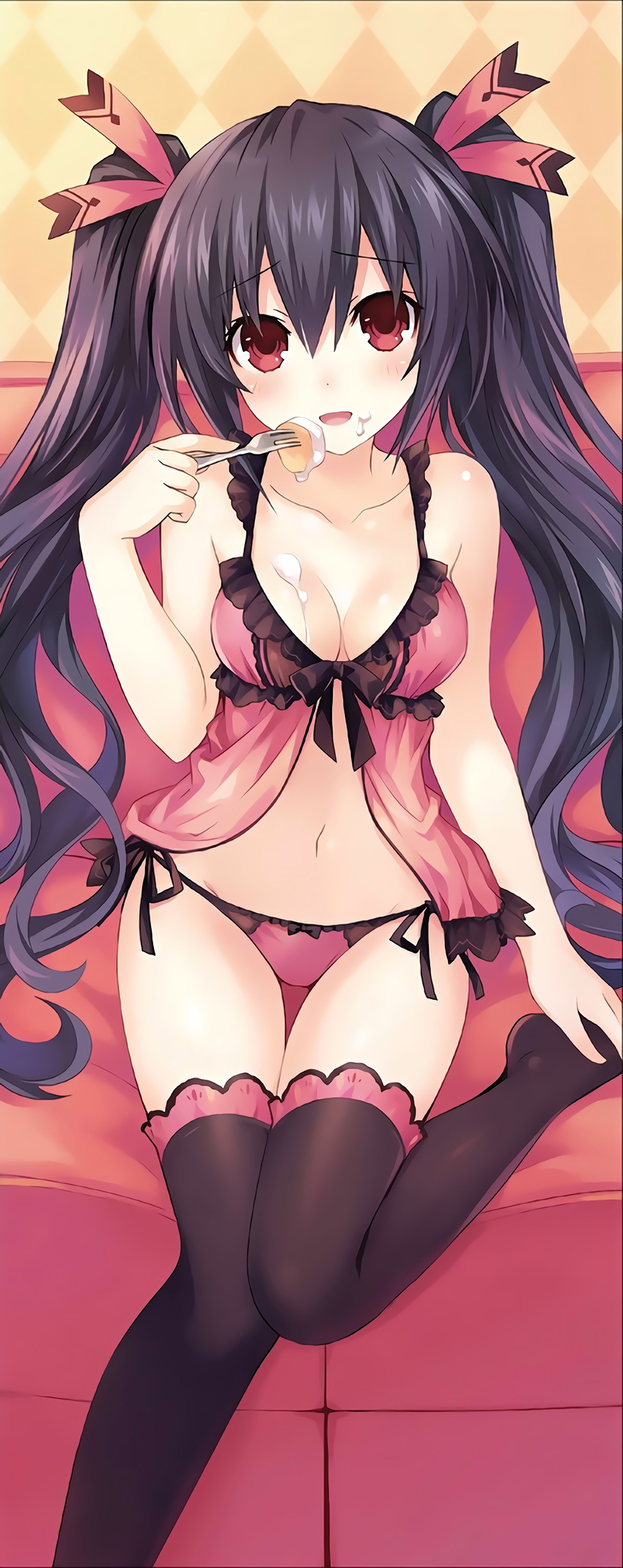 absurdres argyle argyle_background babydoll black_hair black_legwear blush bow bow_panties breasts cleavage collarbone eating food food_on_face fork frills hair_ribbon highres holding holding_fork long_hair looking_at_viewer medium_breasts navel neptune_(series) noire non-web_source official_art open_mouth orange_background panties pink_panties red_eyes ribbon side-tie_panties sitting solo thigh_gap thighhighs tsunako twintails underwear very_long_hair