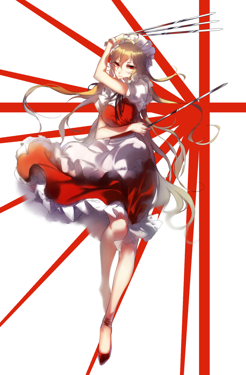 apron blonde_hair dress highres hug_(yourhug) long_hair looking_at_viewer maid maid_headdress puffy_short_sleeves puffy_sleeves red_dress red_eyes shirt short_sleeves solo sword touhou touhou_(pc-98) very_long_hair waist_apron weapon yumeko