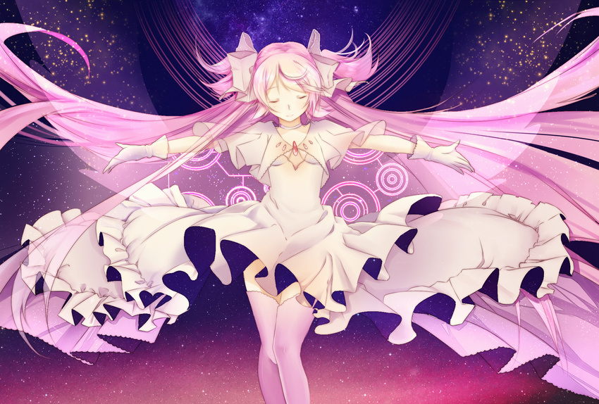 bad_id bad_pixiv_id bow cangchen closed_eyes dress gloves hair_bow hair_ribbon highres kaname_madoka long_hair mahou_shoujo_madoka_magica outstretched_arms pink_hair ribbon sky solo space spoilers star_(sky) starry_sky thighhighs two_side_up ultimate_madoka