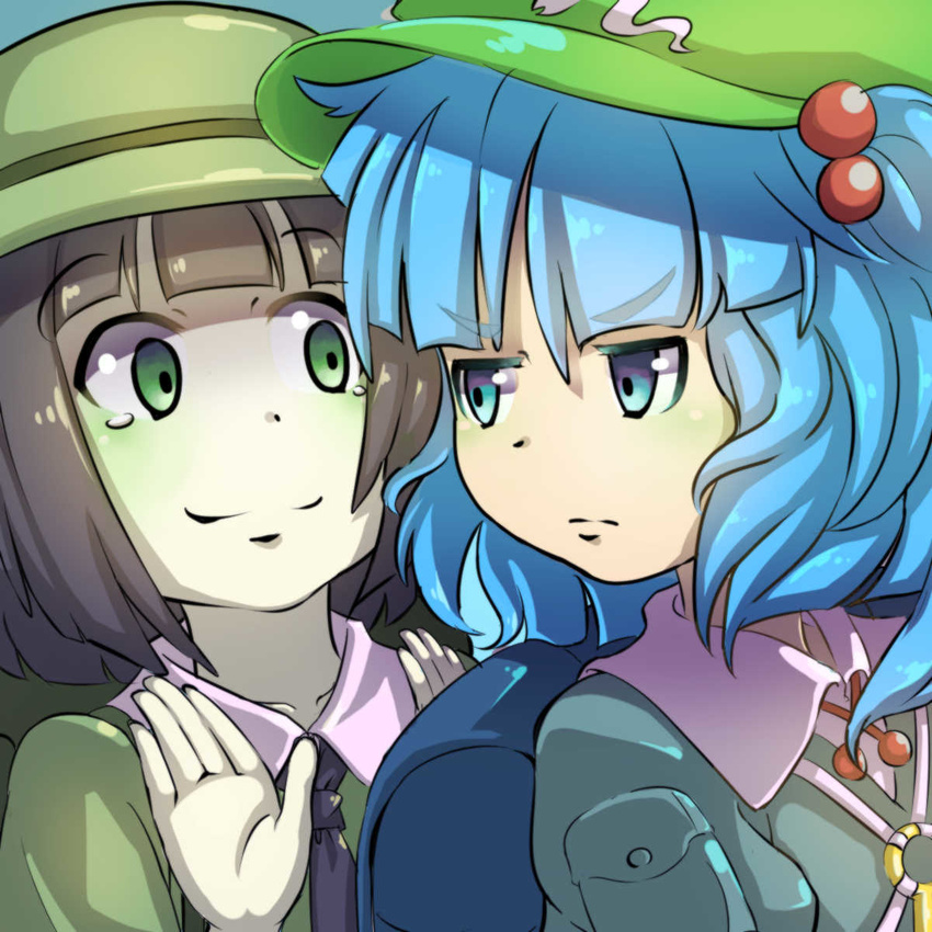 backpack bag black_hair blue_eyes blue_hair dark_haired_kappa green_eyes hat highres kappa_mob kawashiro_nitori multiple_girls piyodesu smile tears touhou two_side_up